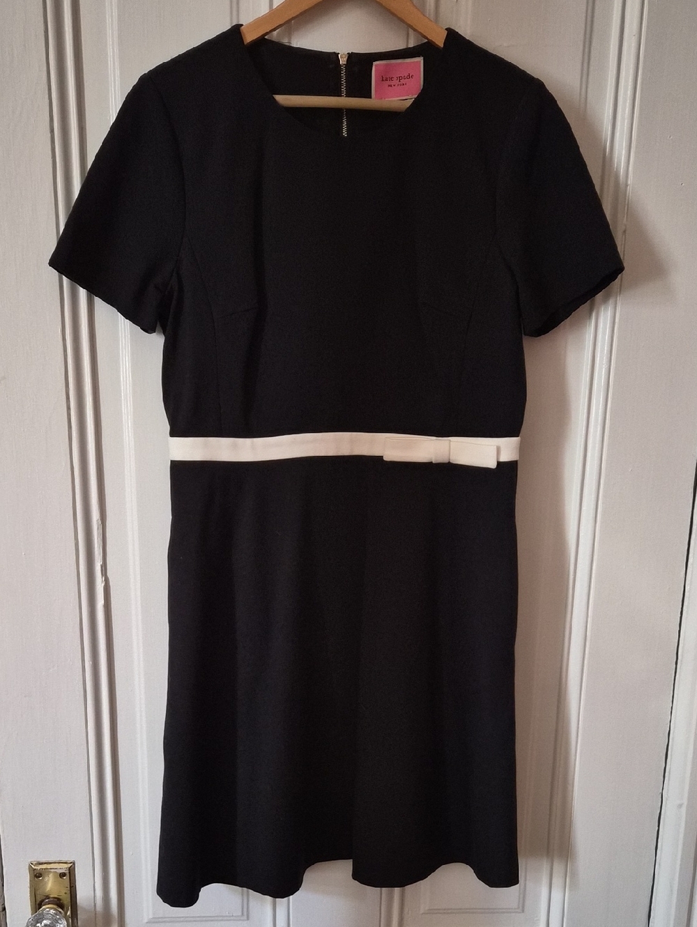 kate spade Black Short-Sleeve Fit & Flare Dress with Ivory Waist Belt